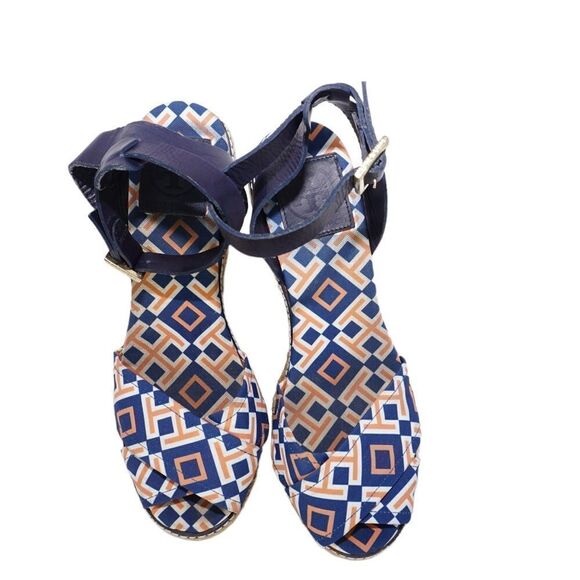 Tory Burch Criss Cross Blue and Orange Espadrille Wedges, Size 8 - Picture 4 of 11